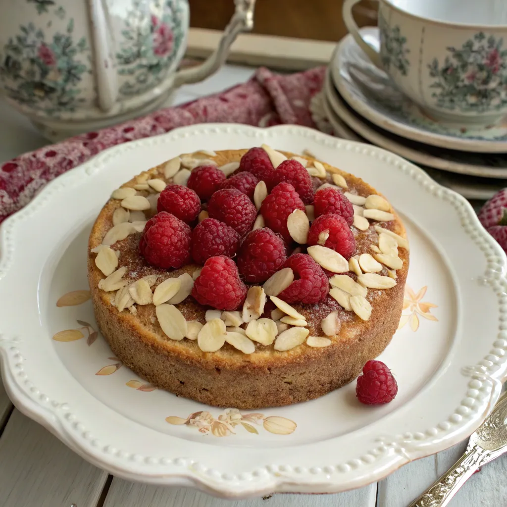 Raspberry-almond-cake styled with European vintage cutlery