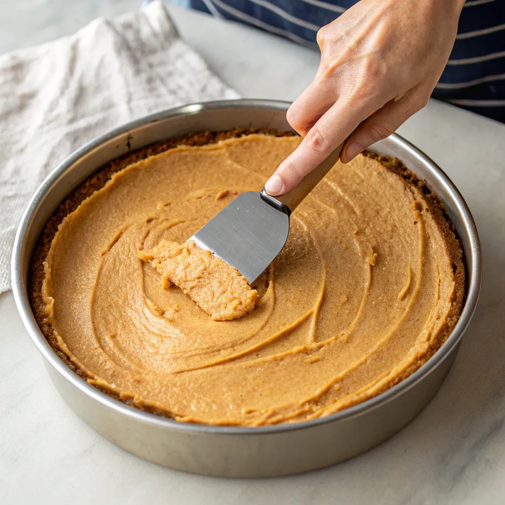 Smoothing biscoff cheesecake filling in a pan
