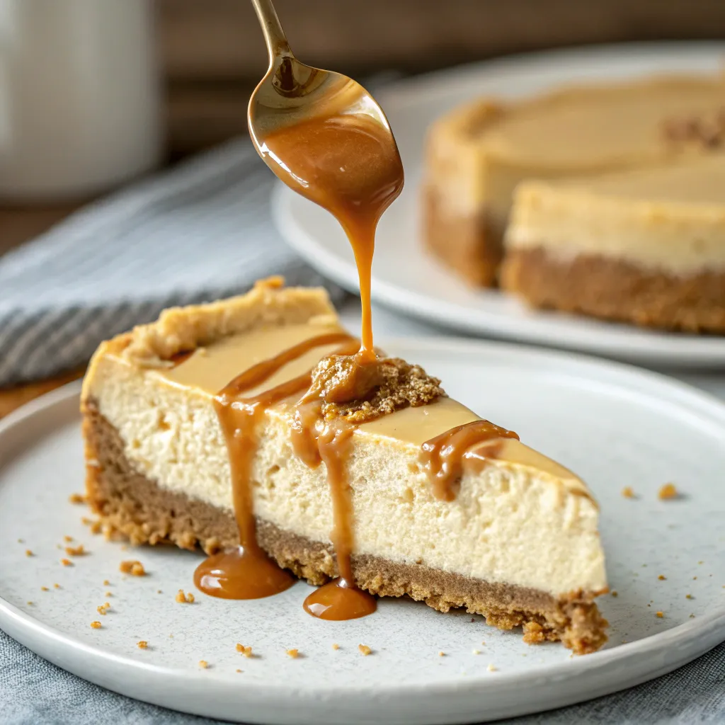 Drizzling cookie butter over biscoff cheesecake slice
