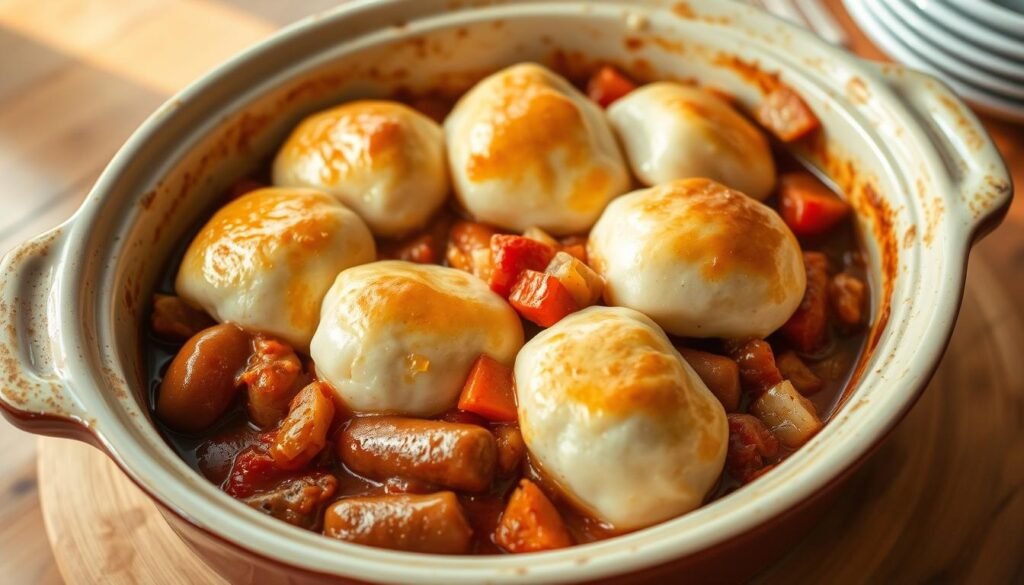 A comforting and inviting slow-cooked sausage casserole, nestled in a rustic ceramic baking dish. The succulent sausages and hearty vegetables are bathed in a rich, savory sauce, creating a mouthwatering aroma that fills the kitchen. Soft, pillowy dumplings crown the dish, their golden tops glistening under the warm, natural lighting. The scene evokes a sense of homemade warmth and satisfying flavors, perfectly capturing the appeal of this easy, crowd-pleasing recipe.