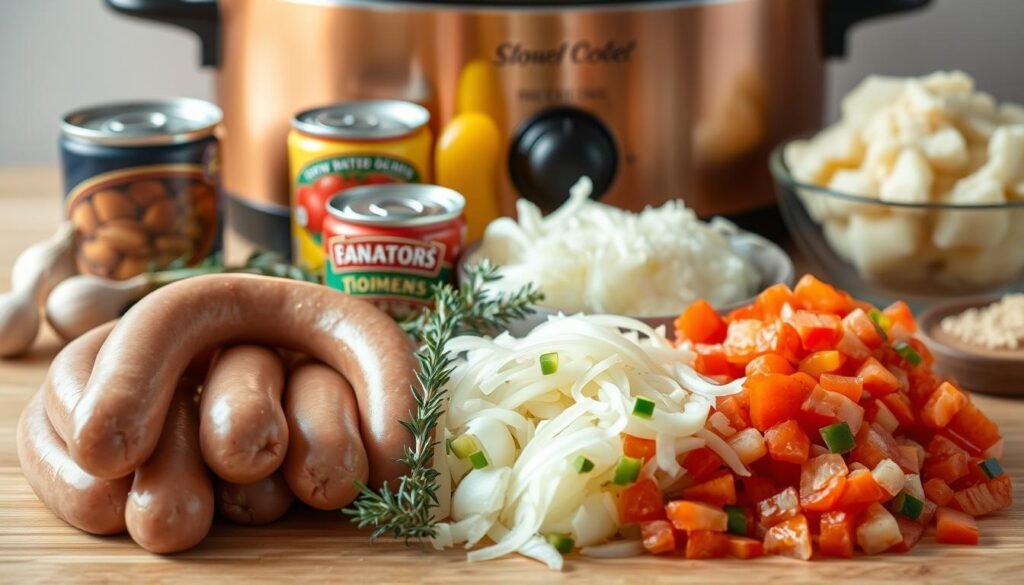 A neatly organized still life arrangement showcasing the essential ingredients for a slow cooker sausage casserole. In the foreground, a selection of fresh pork sausages, thinly sliced onions, and diced bell peppers. In the middle ground, a can of diced tomatoes, a bundle of fresh thyme, and a few whole garlic cloves. In the background, a slow cooker in a warm, earthy tone, with a side of creamy mashed potatoes and a sprinkle of grated cheese. The lighting is soft and natural, creating a cozy, homey atmosphere. The composition is balanced and visually appealing, inviting the viewer to imagine the delicious slow-cooked dish.