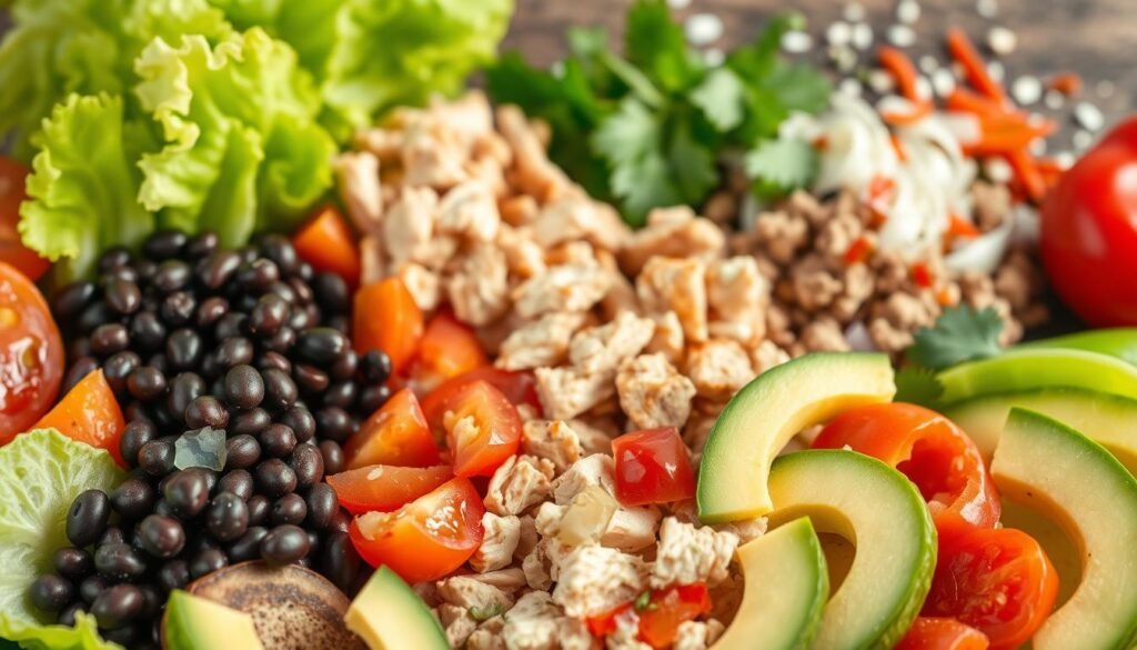 A vibrant still life showcasing an array of dietary-friendly taco ingredients. In the foreground, a selection of fresh, crisp lettuce leaves, juicy tomato slices, and creamy avocado cubes. In the middle ground, a medley of protein-packed grilled chicken, lean ground turkey, and savory black beans. The background features a sprinkle of colorful bell pepper slivers, finely chopped onions, and a scattering of fragrant cilantro sprigs. The lighting is soft and natural, casting a warm glow and highlighting the textures and colors of the ingredients. The overall composition is visually balanced and inviting, showcasing the versatility and customization potential of a taco platter.