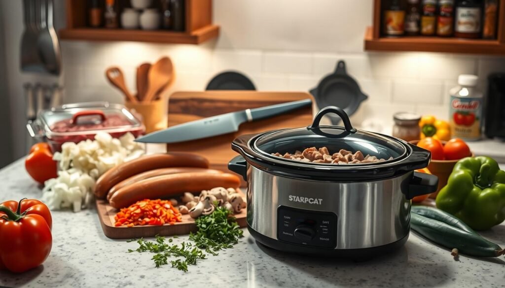 A well-lit kitchen counter with a slow cooker in the foreground, surrounded by an assortment of ingredients - fresh Italian sausages, diced onions, sliced mushrooms, bell peppers, and canned tomatoes. A large chef's knife and a wooden cutting board occupy the middle ground, hinting at the preparation process. The background features a warm, cozy atmosphere, with a few kitchen utensils and spices on the shelves, creating a homely, inviting scene. The lighting is soft and natural, casting a gentle glow on the scene and evoking a comforting, homemade feel. The overall composition suggests a step-by-step preparation of a delicious slow cooker sausage casserole.