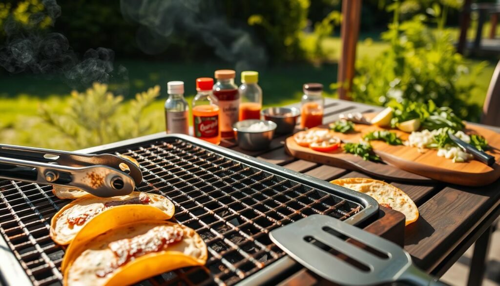A well-lit outdoor scene showcasing the essential equipment for grilling delicious tacos. In the foreground, a sturdy metal grill grate sizzles with seared taco shells, their crisp edges lightly charred. Beside it, a pair of sturdy tongs and a spatula for flipping and serving. In the middle ground, an assortment of seasonings, sauces, and fresh toppings - diced onions, cilantro, lime wedges - arranged neatly on a wooden cutting board. In the background, a backdrop of lush greenery and a clear, sunny sky, setting the perfect summertime mood for this al fresco taco feast. Warm, natural lighting casts a golden glow over the entire scene, highlighting the textures and colors of the grilling equipment and taco ingredients.