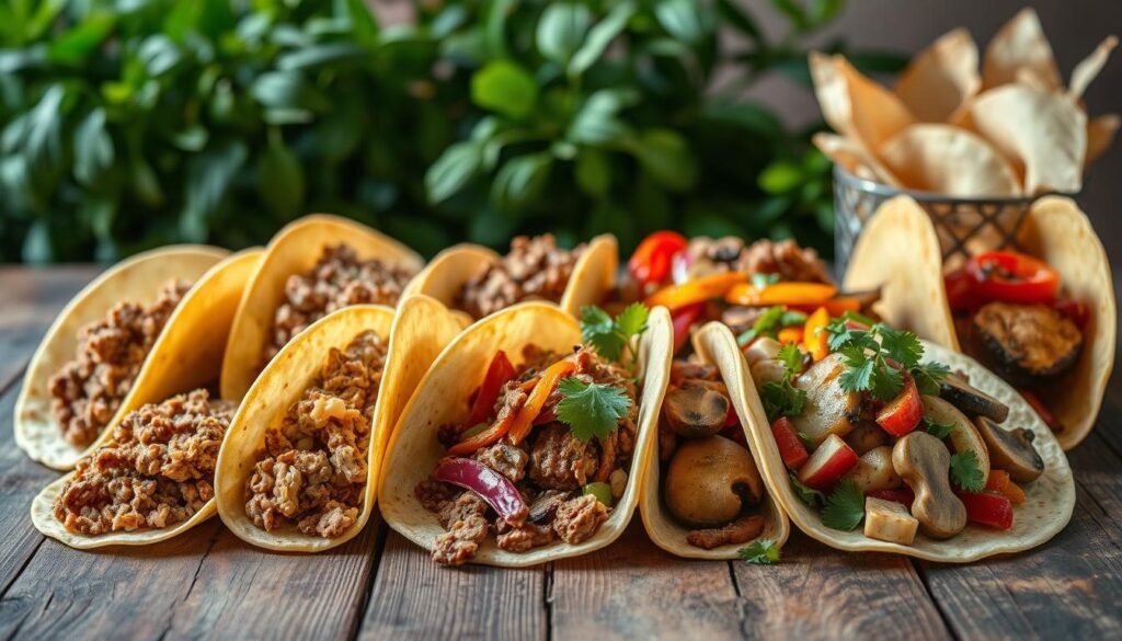 An assortment of taco options, including both meat-based and plant-based fillings, arranged artfully on a rustic wooden surface. In the foreground, a selection of taco shells - soft corn tortillas and crunchy taco shells - await their savory contents. The middle ground features a variety of fillings, such as seasoned ground beef, shredded chicken, and a vibrant medley of roasted vegetables, including bell peppers, onions, and mushrooms. The background showcases a backdrop of lush greenery, adding a fresh, natural element to the scene. Warm, diffused lighting casts a cozy glow over the arrangement, creating an inviting and appetizing atmosphere.