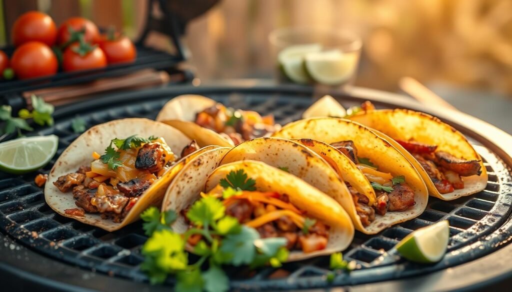Grilled tacos sizzling on a grill, with juicy meat, melted cheese, and charred veggie toppings. The grill is surrounded by vibrant summer produce - ripe tomatoes, fresh cilantro, and lime wedges. Warm, golden light casts a rustic glow, highlighting the crisp taco shells. The scene exudes a mouthwatering aroma and a laidback, backyard atmosphere, perfect for a casual summer gathering. Captured with a wide-angle lens to showcase the full taco-grilling experience in rich, appetizing detail.