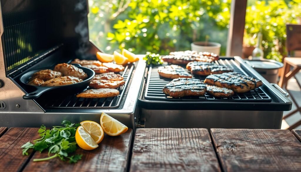Sizzling grill grates, cast iron and stainless steel, ready to char tender chicken and steak for juicy tacos. Bright lemon wedges, fresh cilantro, and diced onions arranged nearby, waiting to be layered onto warm tortillas. Sunlight filters through a metal mesh screen, casting a warm glow over the scene. The air is thick with the savory aroma of seared meat and toasted spices. A weathered wooden table stands in the foreground, its surface worn by years of outdoor cooking. In the background, a glimpse of lush green foliage suggests a breezy, summer patio or backyard. The overall mood is one of casual, al fresco dining and the promise of delicious, homemade tacos.