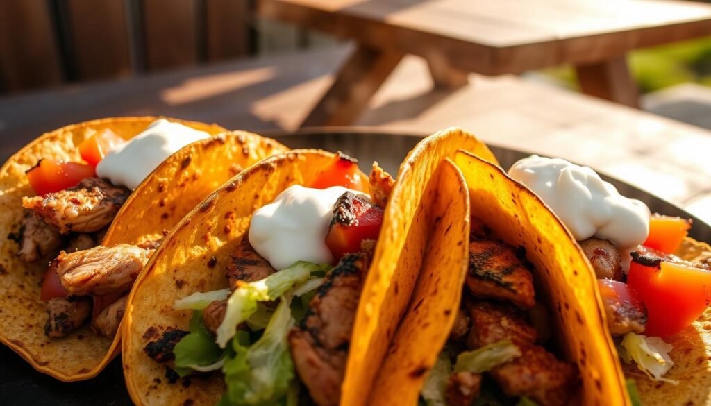 Sizzling grilled tacos in a rustic outdoor setting, the corn tortillas charred to perfection, their crunch giving way to juicy fillings. Close-up view showcasing the tender grilled chicken or steak, seasoned with aromatic spices, nestled among diced tomatoes, crisp lettuce, and tangy sour cream. Sunlight filters through the scene, casting a warm, golden glow and emphasizing the mouthwatering textures. Wooden picnic table in the background, hinting at a casual summer gathering. Evocative of backyard barbecues and flavorful Tex-Mex cuisine, this image captures the essence of "Mastering Tacos On Grill: Basic Techniques".