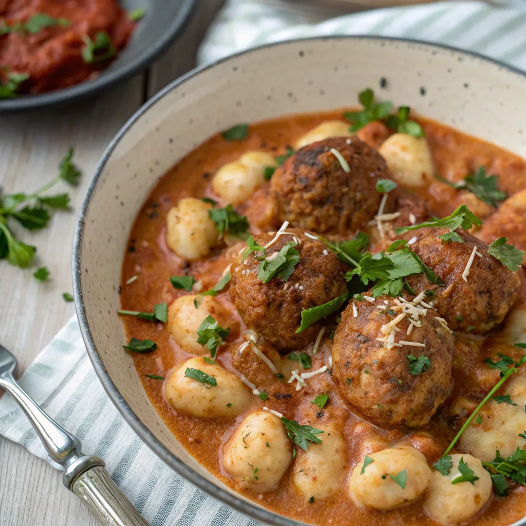 Slow cooker Tuscan chicken meatballs with gnocchi in creamy Tuscan sauce
