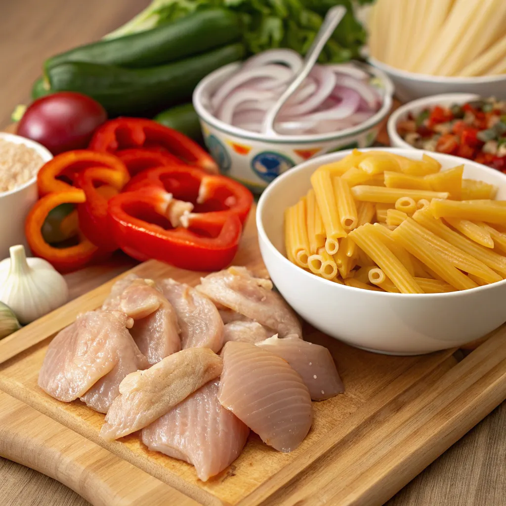 "A close-up shot of raw ingredients for chicken fajita pasta—sliced bell peppers, onion, raw chicken, pasta, spices. Captured with a Samsung S24 Ultra on a wooden kitchen counter.