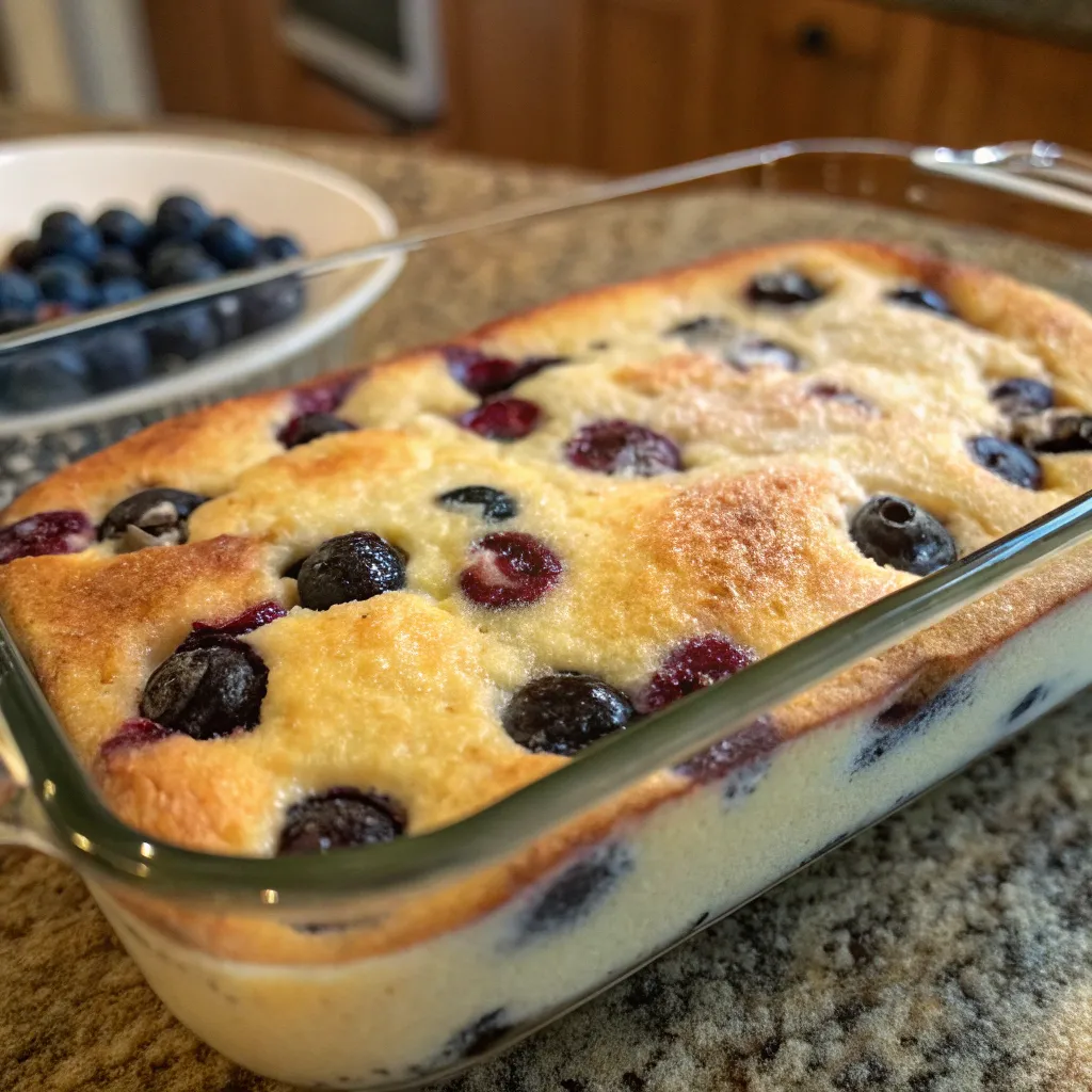 Baking Blueberry Buttermilk Pancake Casserole with bubbling blueberries