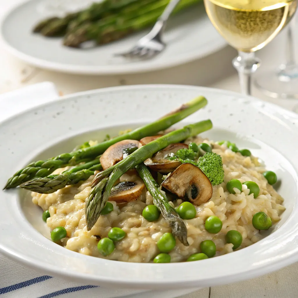 Mushroom pea risotto with wine and asparagus