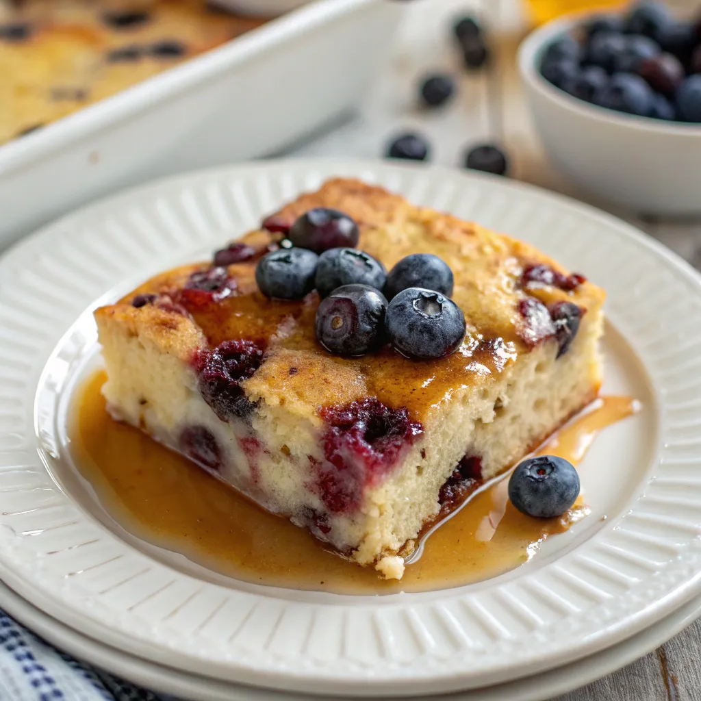 Slice of Blueberry Buttermilk Pancake Casserole with syrup
