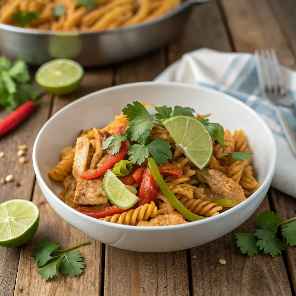A close-up photo of chicken, onions, and peppers being sautéed in a skillet with fajita seasoning. Captured using a Samsung S24 Ultra in high detail."