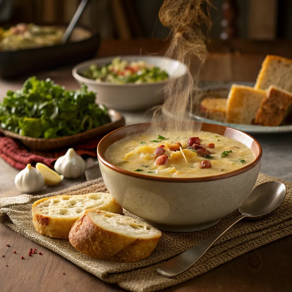 loaded cheesy potato soup with bread and salad