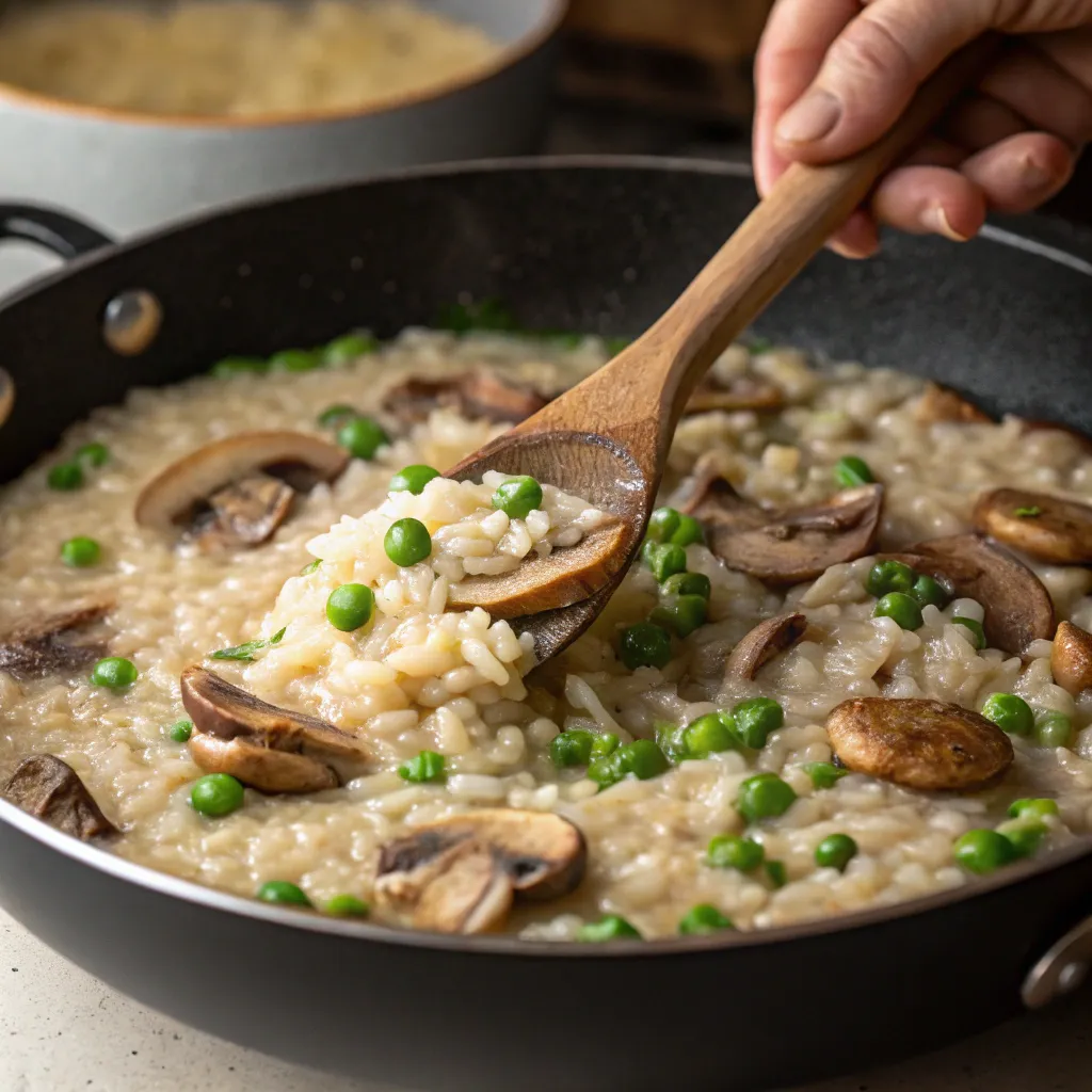 Cooking mushroom pea risotto in a pan