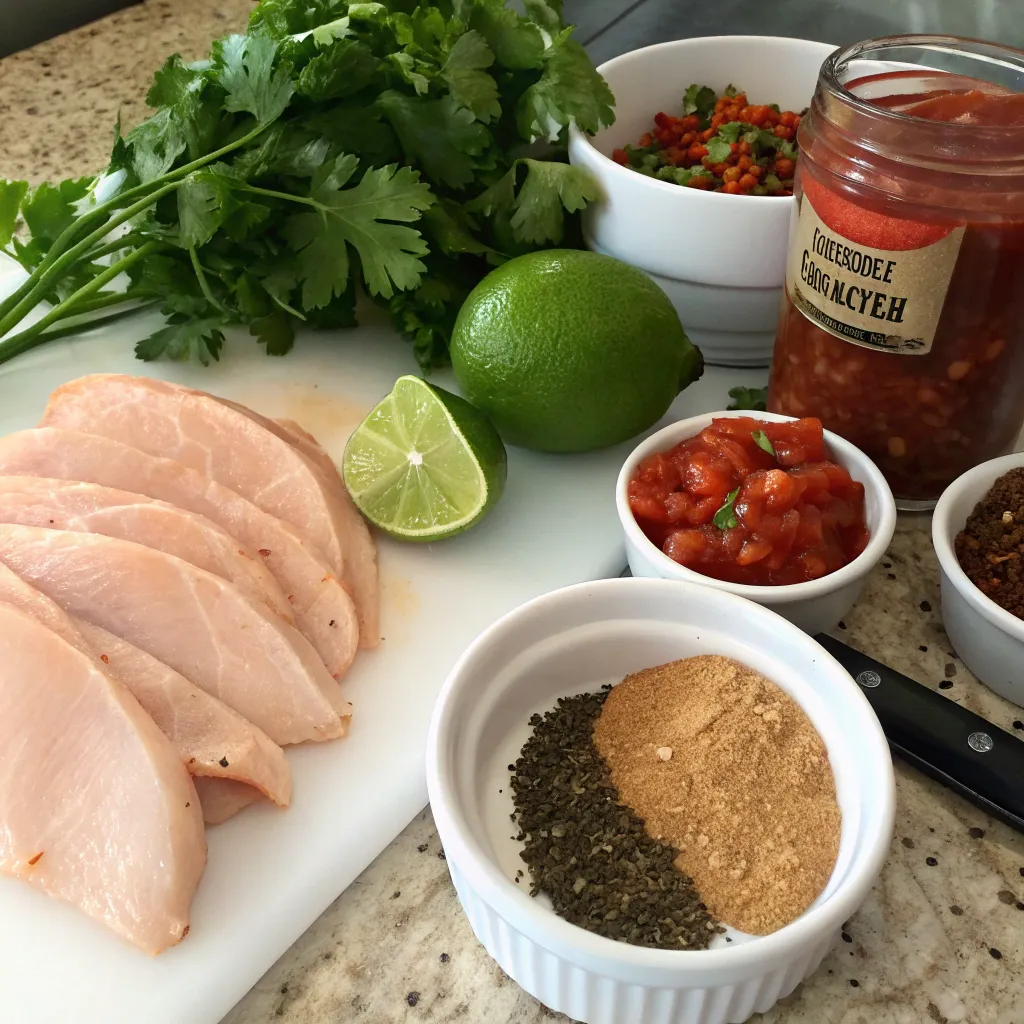Ingredients for slow cooker chicken tacos on a kitchen counter