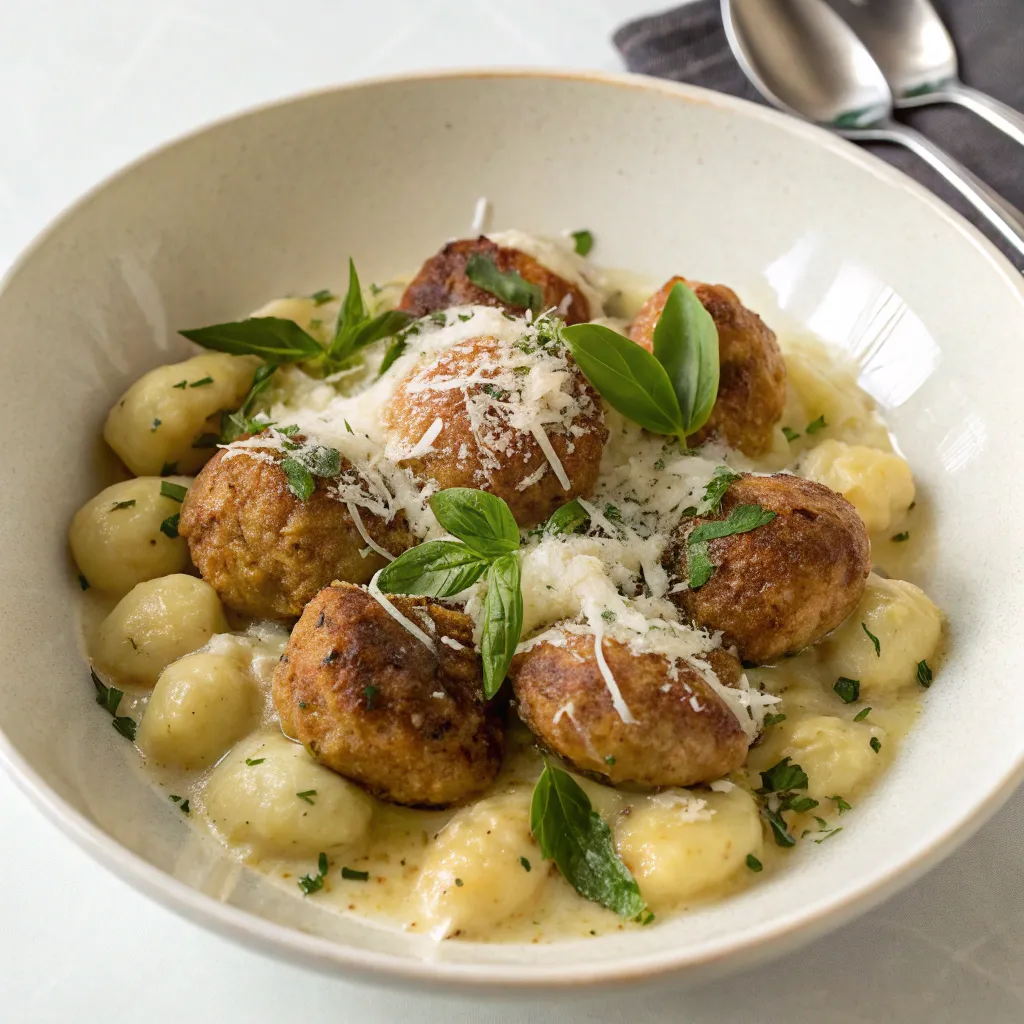 Served slow cooker Tuscan chicken meatballs with gnocchi