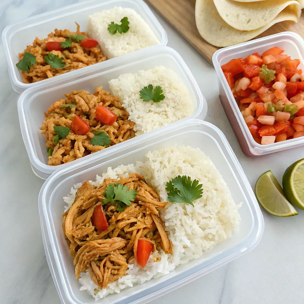 Meal prep containers with slow cooker chicken taco leftovers