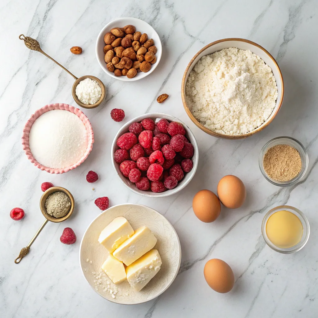 ingredients for raspberry-almond-cake arranged on a marble surface