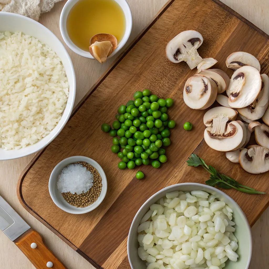 Ingredients for mushroom pea risotto on wooden board