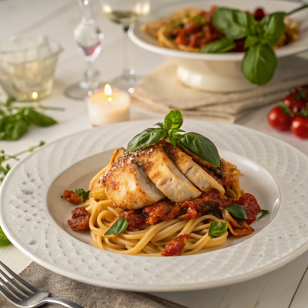 Alt Text: Plated Marry Me Chicken Pasta Recipe for date night

