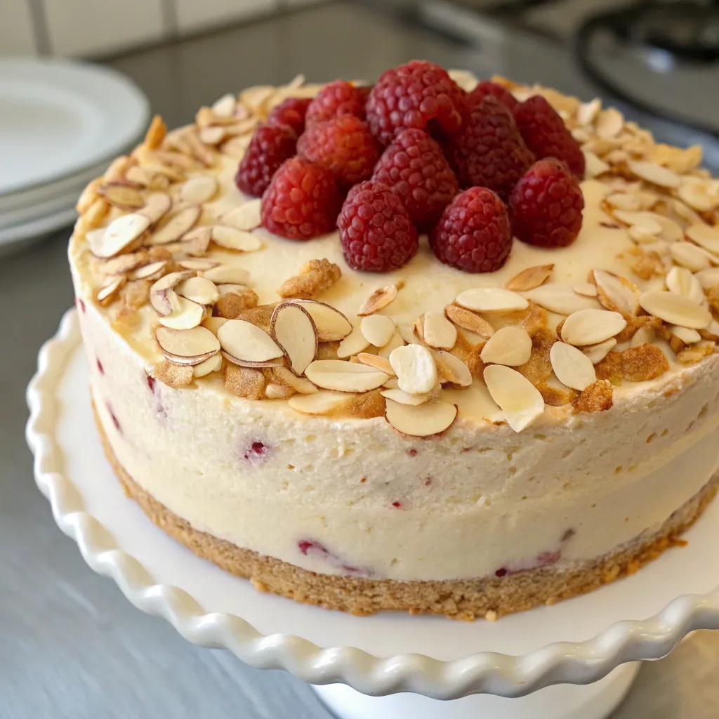 Topped raspberry-almond-cake with fresh garnishes