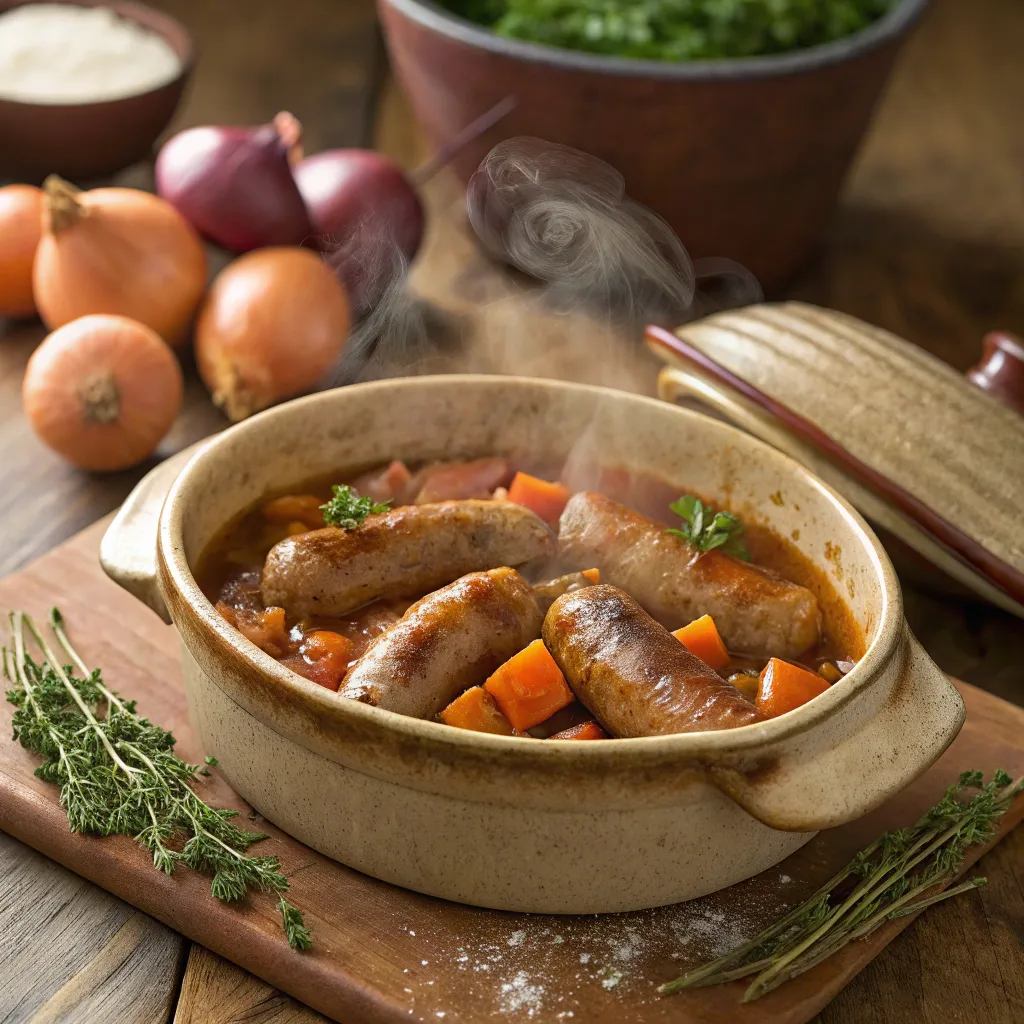 Slow cooker sausage casserole in ceramic bowl with fresh herbs