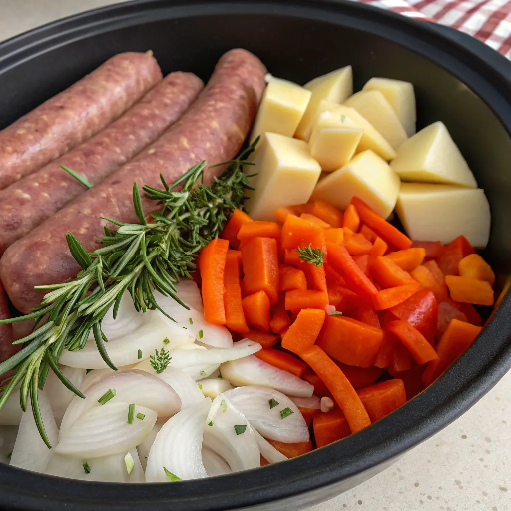Ingredients for slow cooker sausage casserole on kitchen counte