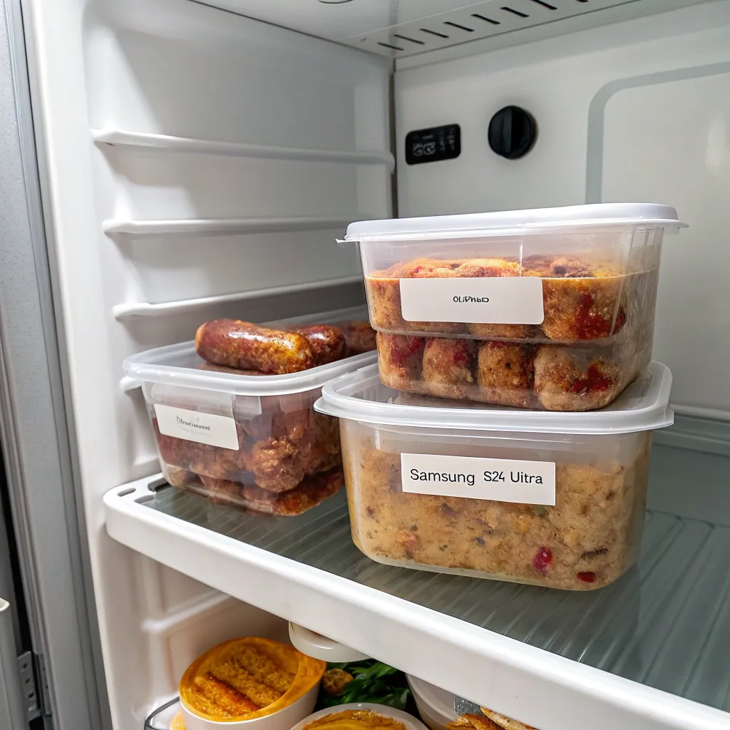 Meal prepped slow cooker sausage casserole containers in fridge