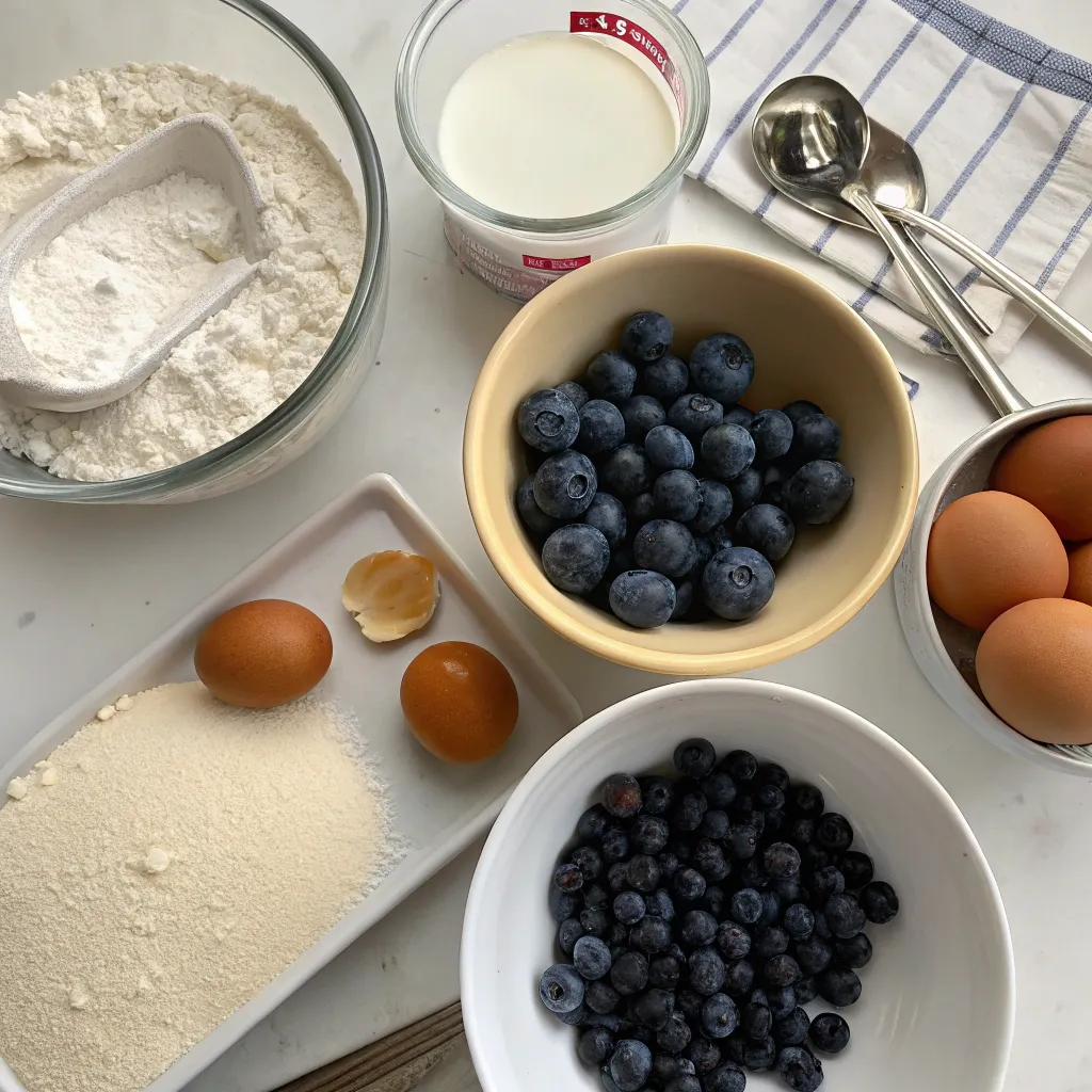 ingredients for Blueberry Buttermilk Pancake Casserole on a counter